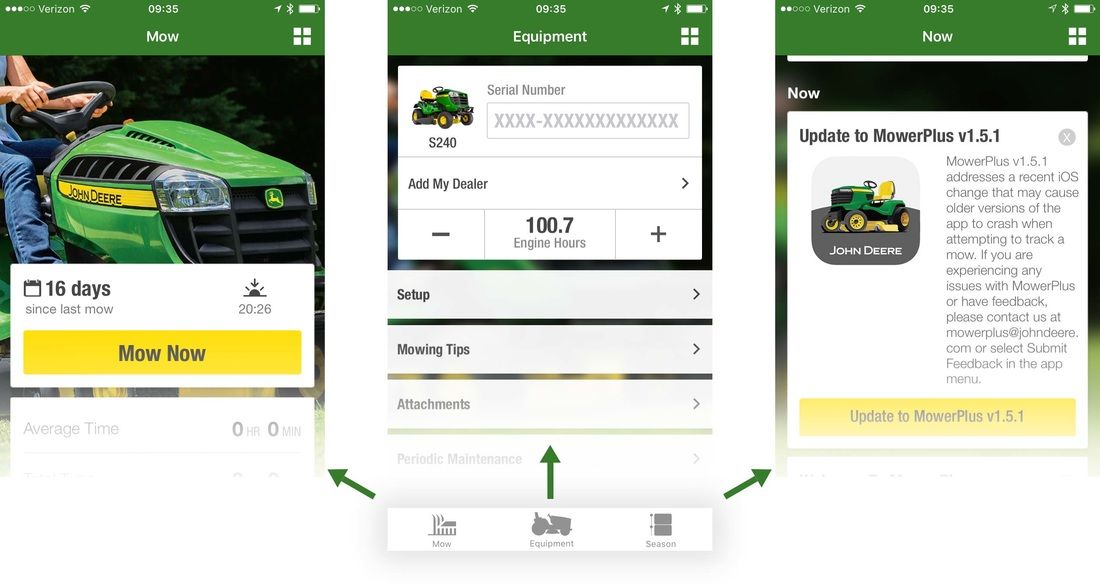 Examples of 3 screens in a mowing app.