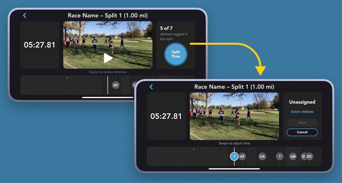 An app UI where you can adjust athlete times using a video.