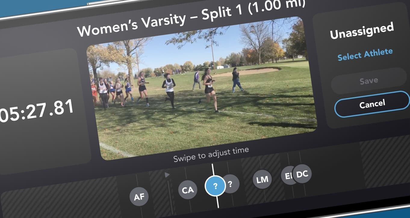 A closeup image of the app UI where users can adjust athlete times using a video as a reference.