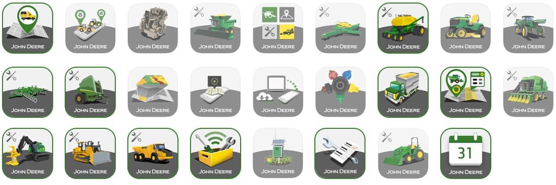 Examples of 26 John Deere app icons each with detailed illustrations of equipment on a gray horizon with the John Deere trademark below.