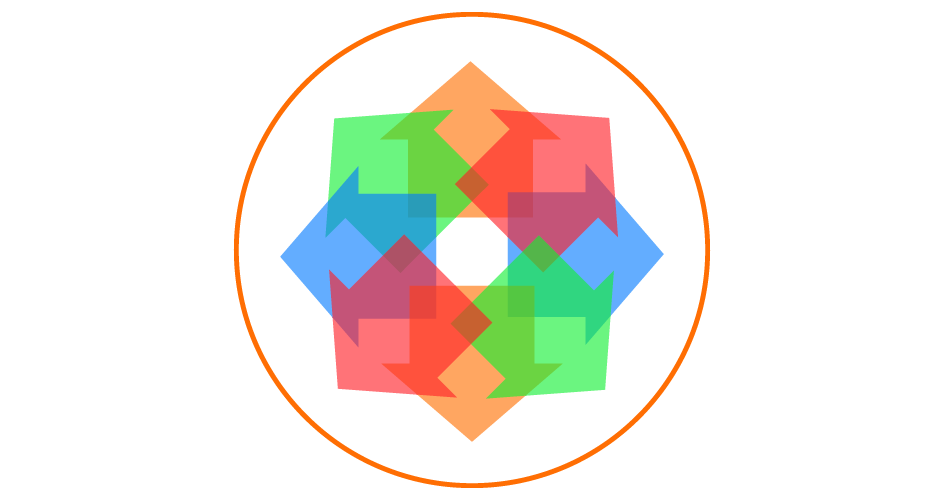 URoar logo which contains colorful glyphs of a house rotated and overlapping in a circle.