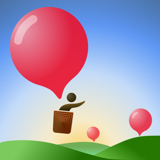 App icon of a person in a hot air balloon flying over a green hilly area with a sunrise beyond.