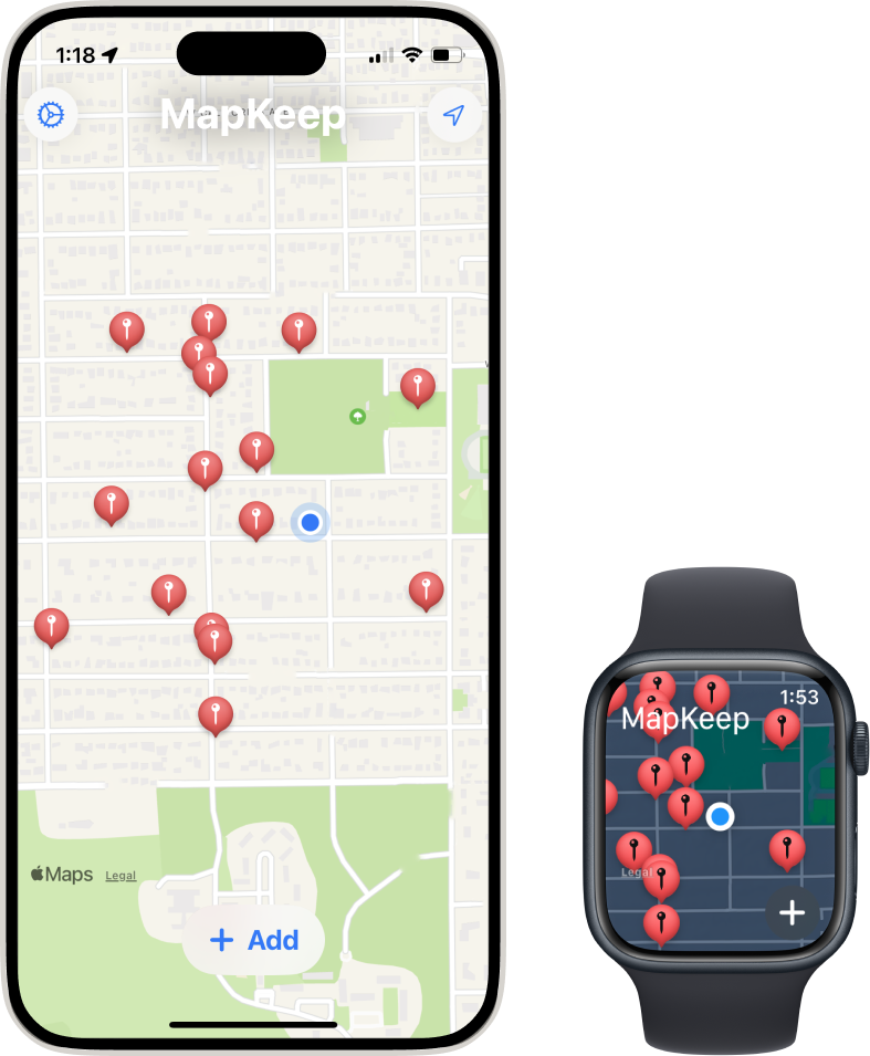 Screenshot of a map interface with pins on an iPhone and Apple Watch along with the MapKeep app icon, which shows a figure of a person in a hot air balloon looking a hilly area.